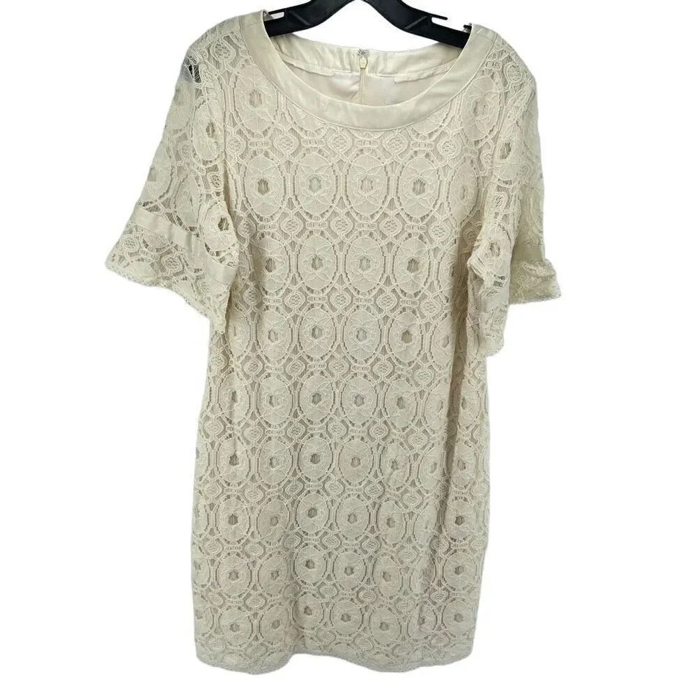 Liz Claiborne Womens Sheath Dress Lace Lined Short Sleeve Mini Cream Size 14